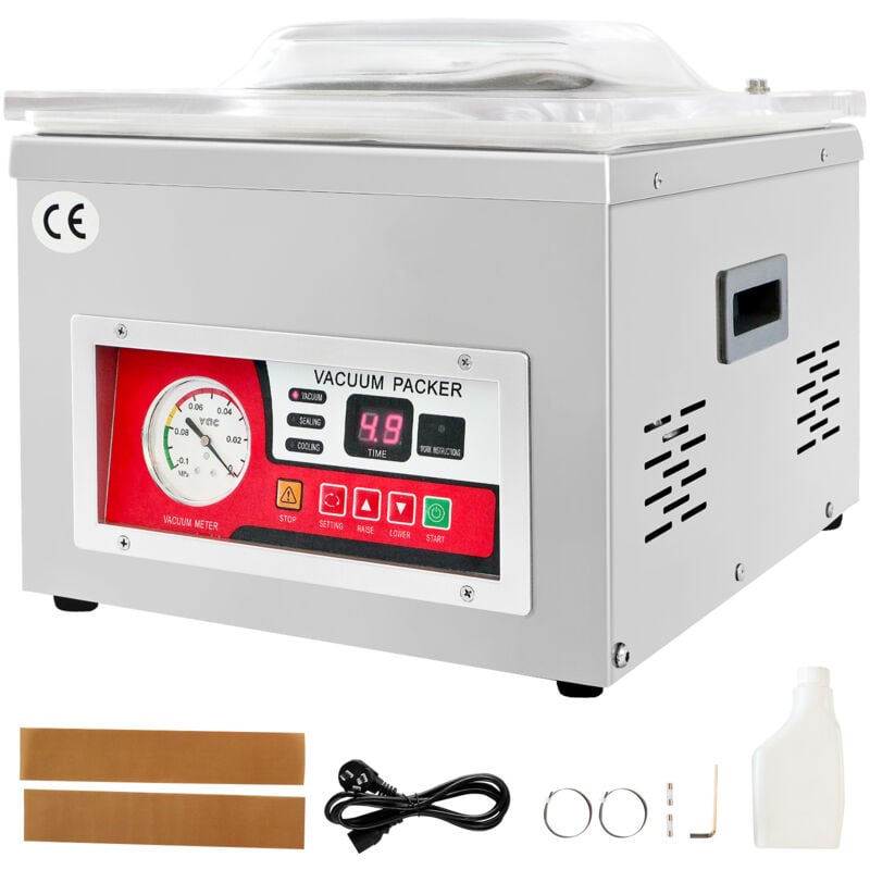 foto del prodotto sigillatrice sottovuoto a camera, potenza di sigillatura 260w, confezionatrice sottovuoto per alimenti umidi,carni,marinate, dimensioni