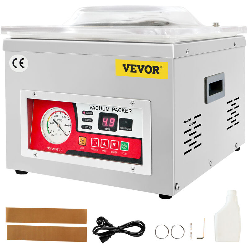 foto del prodotto sigillatrice sottovuoto a camera, potenza di sigillatura 260w, confezionatrice sottovuoto per alimenti umidi, carni, marinate, dimensioni compatte,