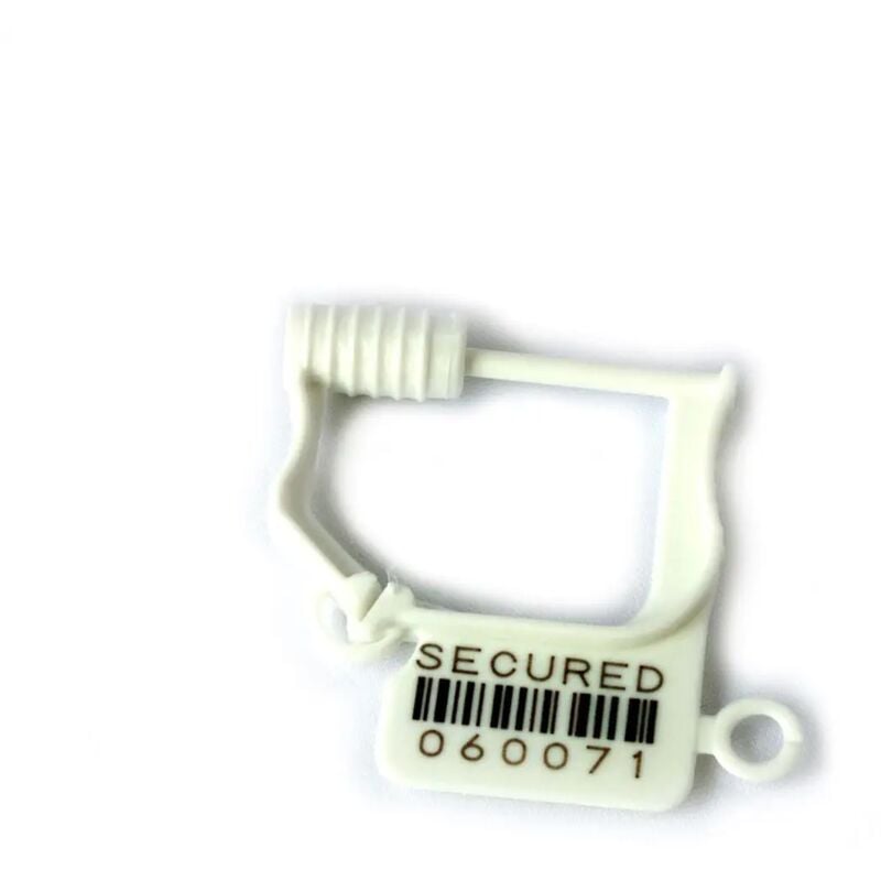 foto del prodotto sigilli di sicurezza a lucchetto con chiusura plastica metallo e numero seriale bianchi modello chiusura in plastica, numero pezzi 300 sigilli