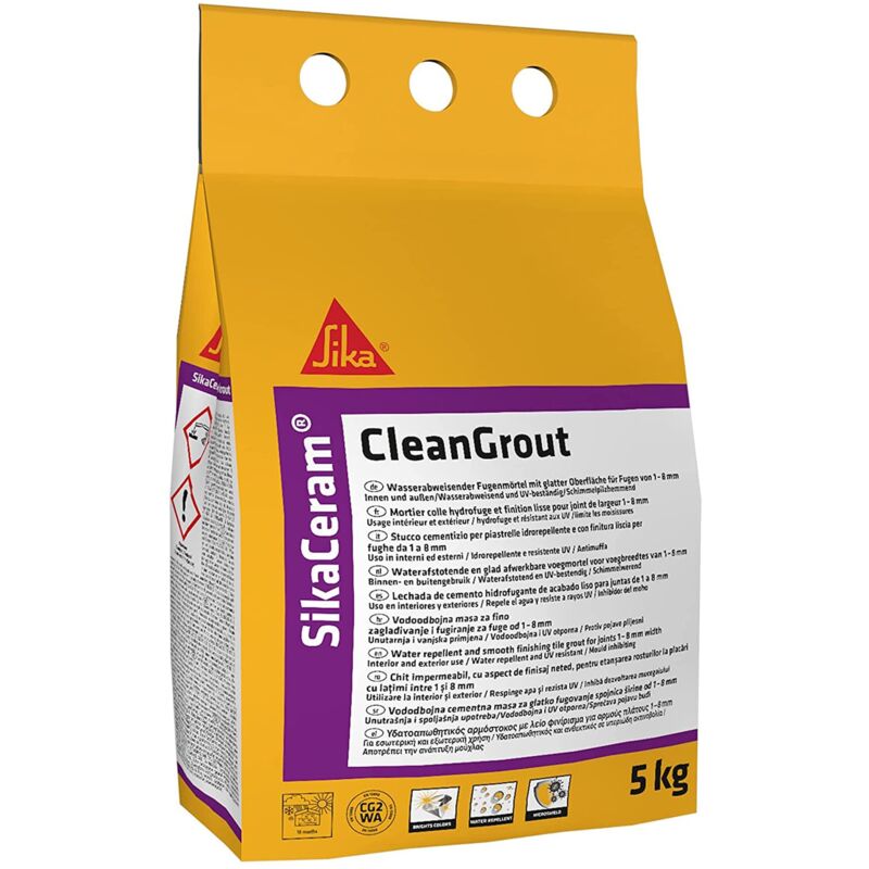 foto del prodotto sika ceram cleangrout, cenere stucco cementizio per fughe a pavimento e a parete idrorepellente previene muffa, batteri e funghi 5kg