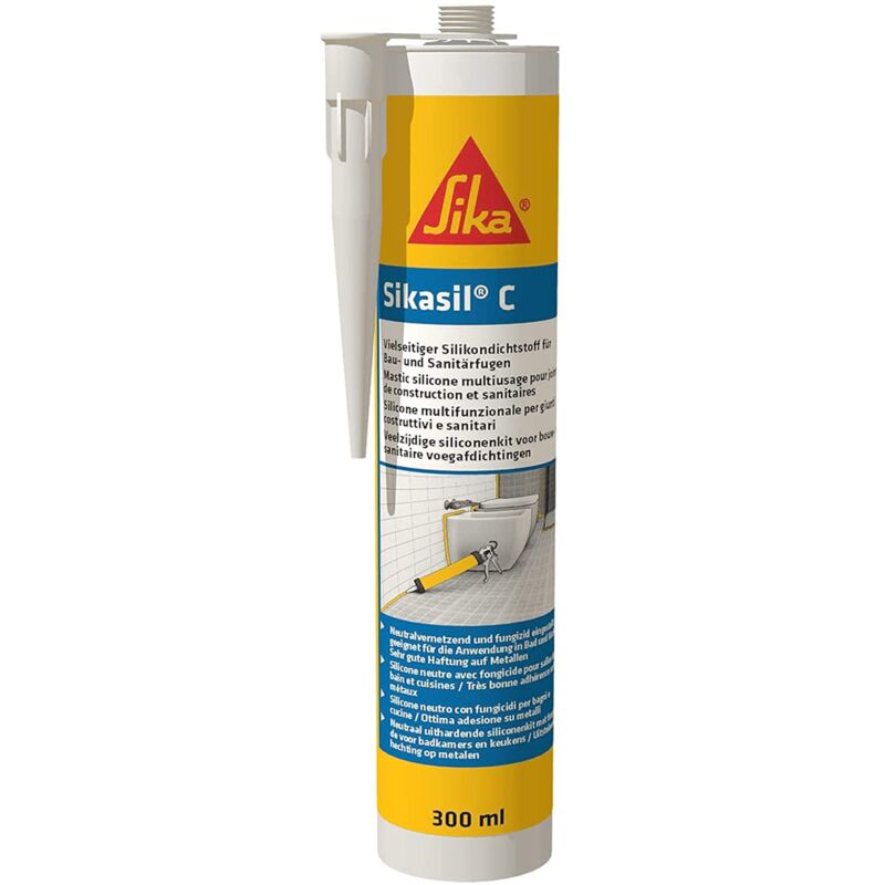foto del prodotto sika sil c, grigio sigillante siliconico multiuso per applicazioni in bagni e cucine resistente a raggi uv, funghi e muffa 300ml