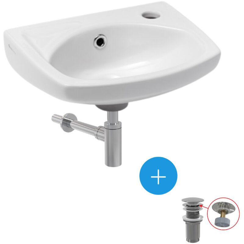 foto del prodotto siko insieme di lavabo sospeso con foro per rubinetto e troppopieno, 35x28cm lavabo a scorrimento sifone per lavello