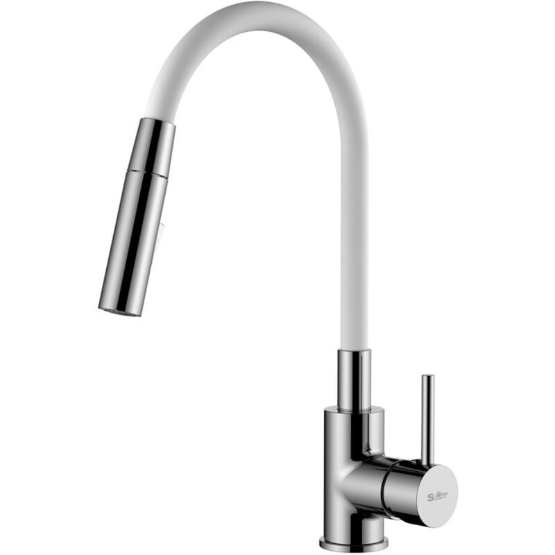 foto del prodotto siko miscelatore da cucina a memoria di forma, 2 tipi di getto, mousseur o doccetta, curva in silicone bianco bslpro290b2f 