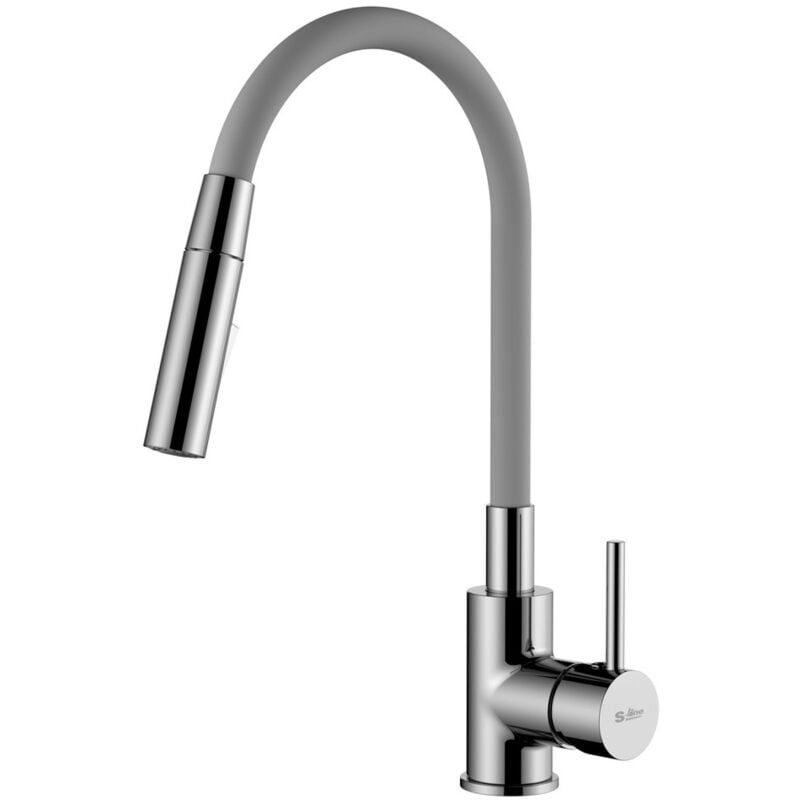 foto del prodotto siko miscelatore da cucina a memoria di forma, 2 tipi di getto, mousseur o doccetta, curva in silicone grigia bslpro290s2f 