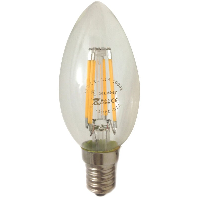 foto del prodotto silamp - lampadina a led e14 6w candela oliva passo piccolo a vite con filamento c35-6wluce fredda 6400k