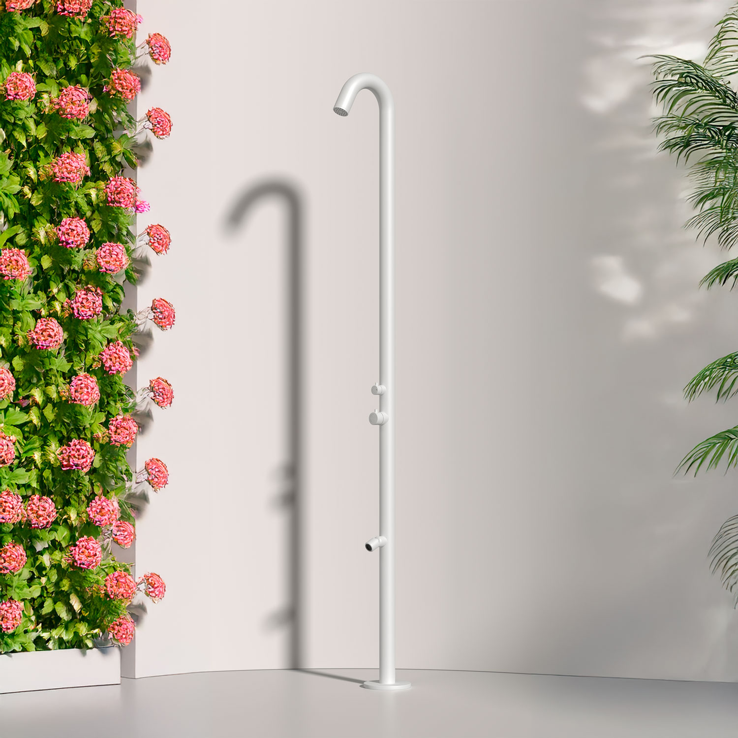 foto del prodotto siled doccia esterna in acciaio inox 316l bianco opaco con miscelatori per acqua caldafredda e lavapiedi montaggio cbox per giardini e yacht modello docciaquartubianca