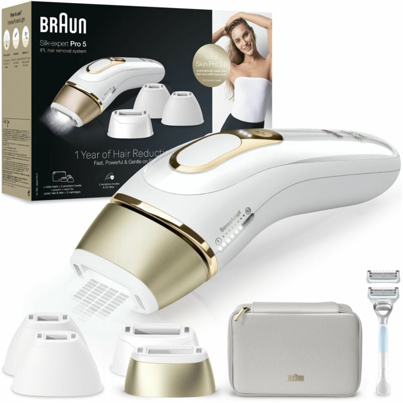 foto del prodotto silk-expert pro epilatore luce pulsata silk·expert pro 5, epilazione a casa tua, con custodia, rasoio donna venus, 4 testine, pl5356 - braun