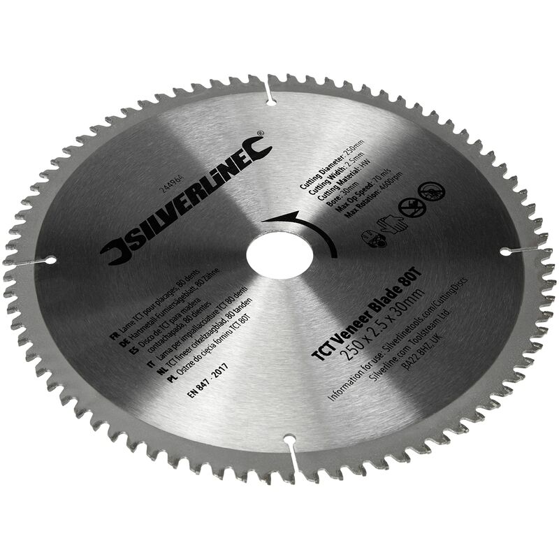 foto del prodotto silverline 244964 tct veneer blade 80t 250 x 30 25, 20, 16 mm anelli