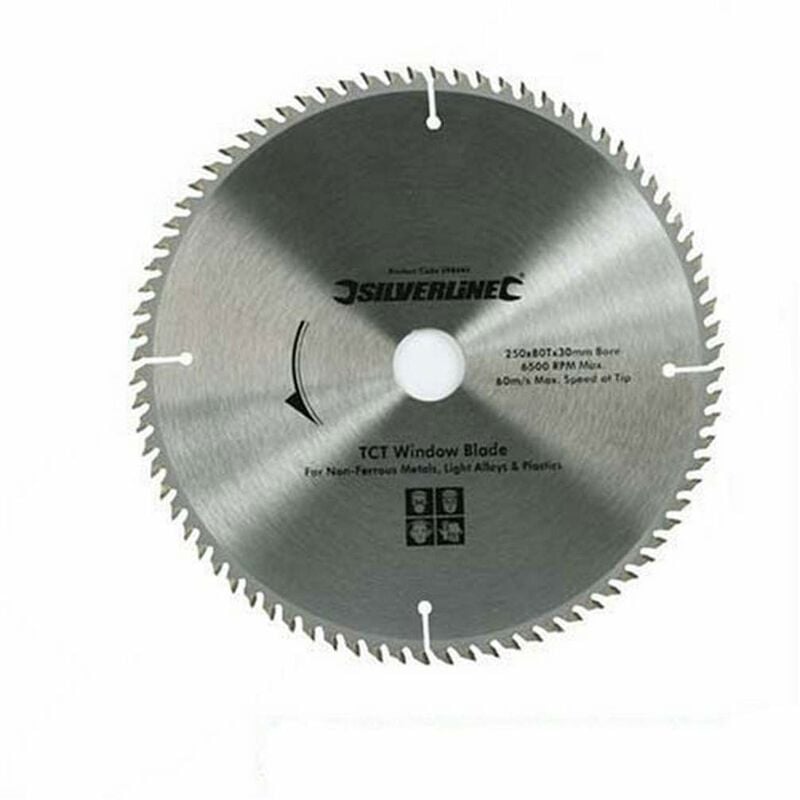 foto del prodotto silverline 598444, lama per sega circolare per finestre in pvc, 80 denti, 250 x 30 mm, manicotto di riduzionee 25, 20 e 16 mm