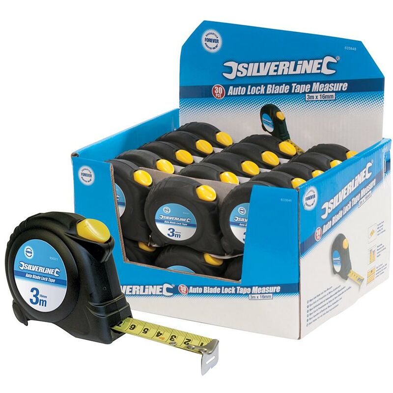 foto del prodotto silverline espositore di metri a nastro a blocco automatico 3 m x 16 mm 30 p.zi