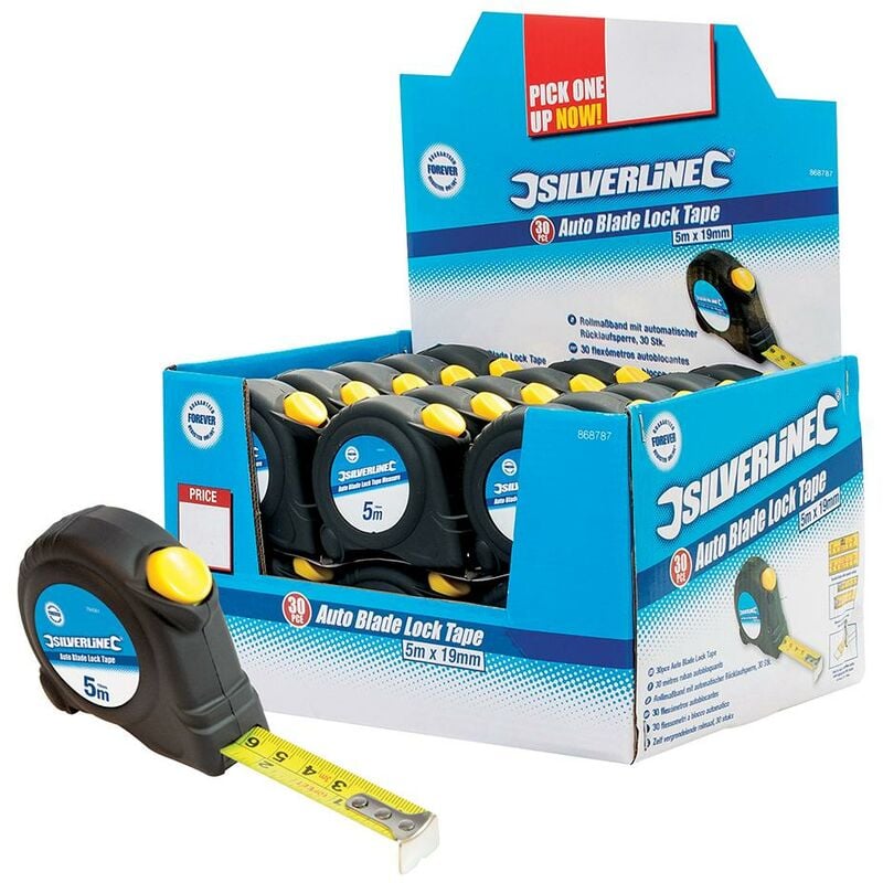 foto del prodotto silverline espositore di metri a nastro a blocco automatico 5 m x 19 mm 30 p.zi