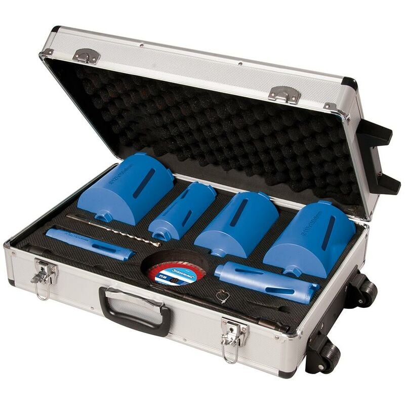 foto del prodotto silverline kit di sei corone a forare diamantate e accessori 12 p.zi 38, 52, 65, 107, 117 e 127 mm