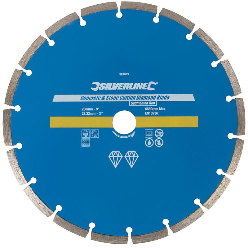 foto del prodotto silverline lama a disco diamantata per taglio su cemento e pietra bordo segmentato 230 x 22,23 mm