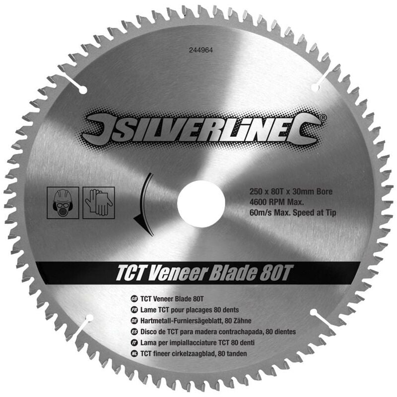 foto del prodotto silverline lama per impiallacciature in tct da 80 denti 250 x 30 mm anelli di riduzione 25, 20, 16 mm