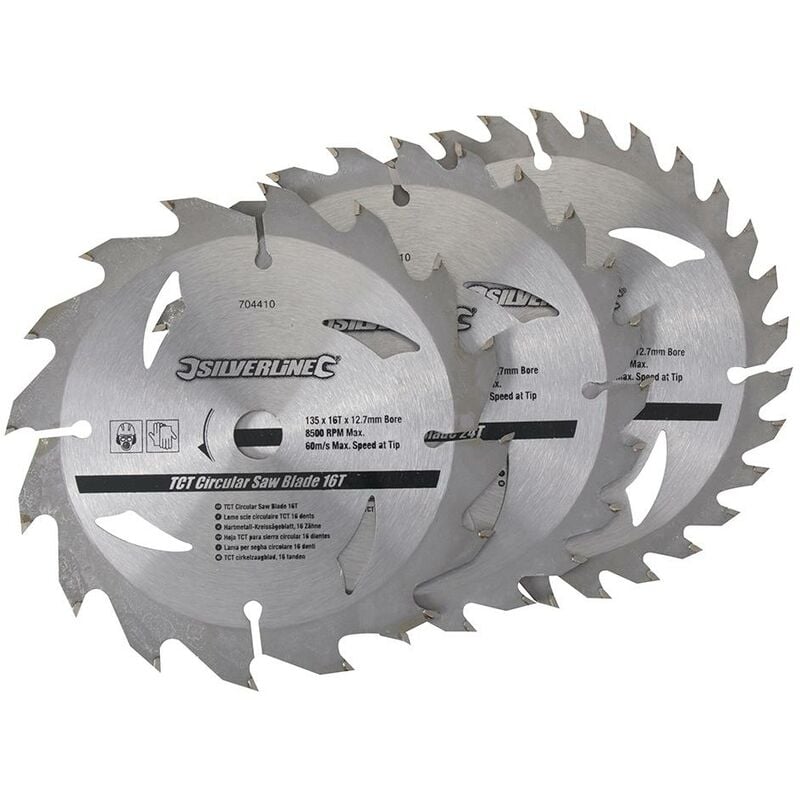 foto del prodotto silverline lama per sega circolare in tct 16, 24, 30 denti 3 p.zi 135 x 12,7 anello di riduzione 10 mm