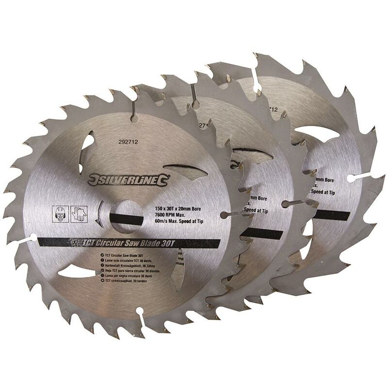 foto del prodotto silverline lama per sega circolare in tct 16, 24, 30 denti 3 p.zi 150 x 20 anelli di riduzione 16 e 12,75 mm