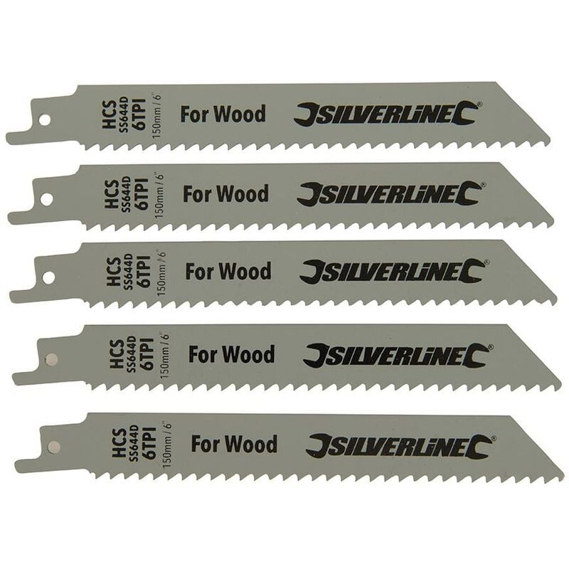 foto del prodotto silverline lame per sega reciproca a gattuccio per legno 5 p.zi hcs 6 dpp 150 mm
