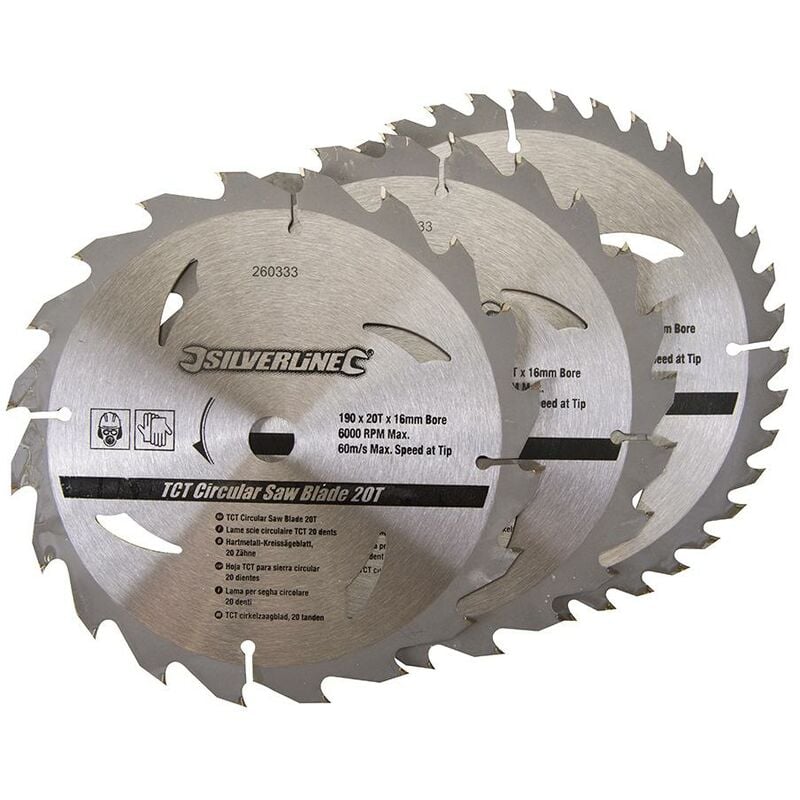 foto del prodotto silverline lame per seghe circolari in tct da 20, 24, 40 denti 3 p.zi 190 x 16 mm senza anello di riduzione