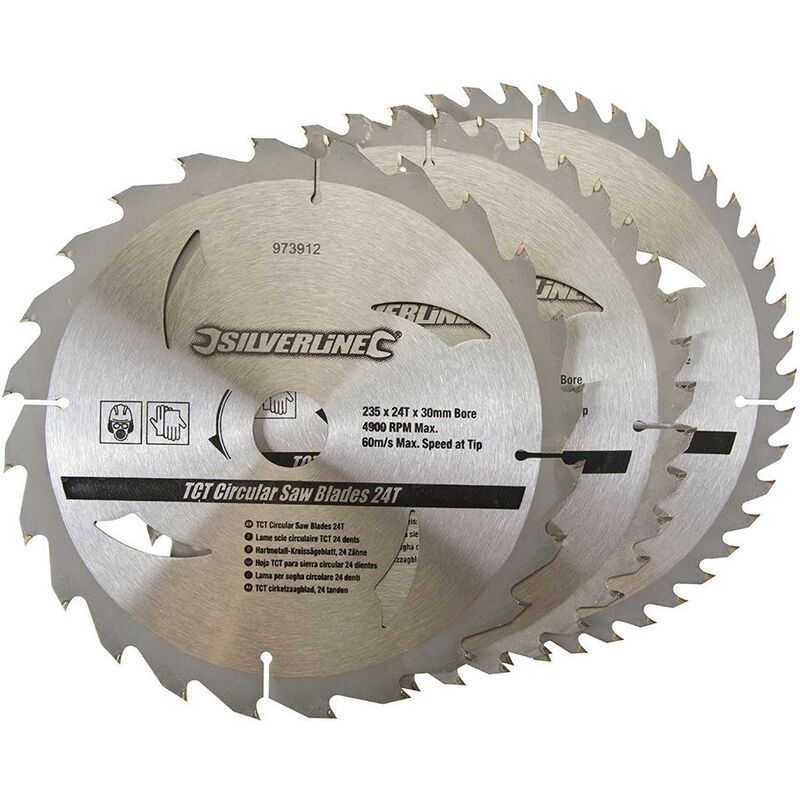 foto del prodotto silverline lame per seghe circolari in tct da 24, 40, 48 denti 3 p.zi 235 x 30 anelli di riduzione 25 e 16 mm