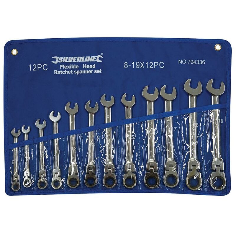 foto del prodotto silverline set di chiavi a cricchetto combinate a testa flessibile 12 p.zi 8 19 mm