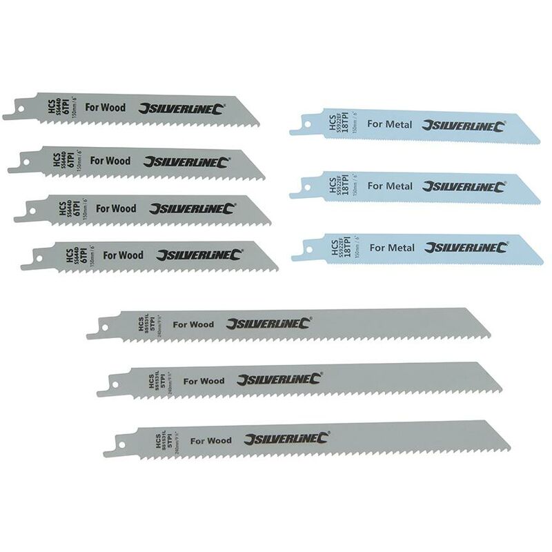 foto del prodotto silverline set di lame per seghe reciproche per legno e metallo, 10 p.zi hcs 240 e 150 mm