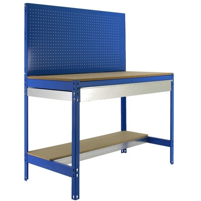 foto del prodotto simonrack banco da lavoro con cassetto a guide telescopiche e pannello forato – portata 600 kg – 1445x1210x610 mm – postazione fai da te officina – blu/legno – bt-2