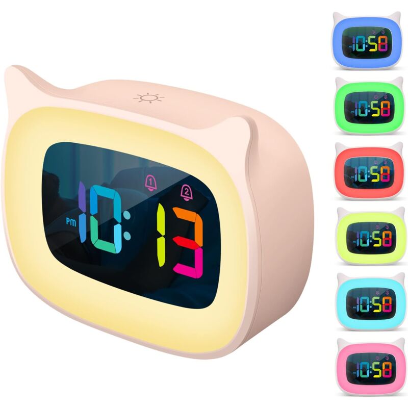 foto del prodotto simpatica sveglia con orecchie di gatto con luce notturna rgb a 7 colori e 18 suonerie, orologio ricaricabile per cameretta dei bambini, display