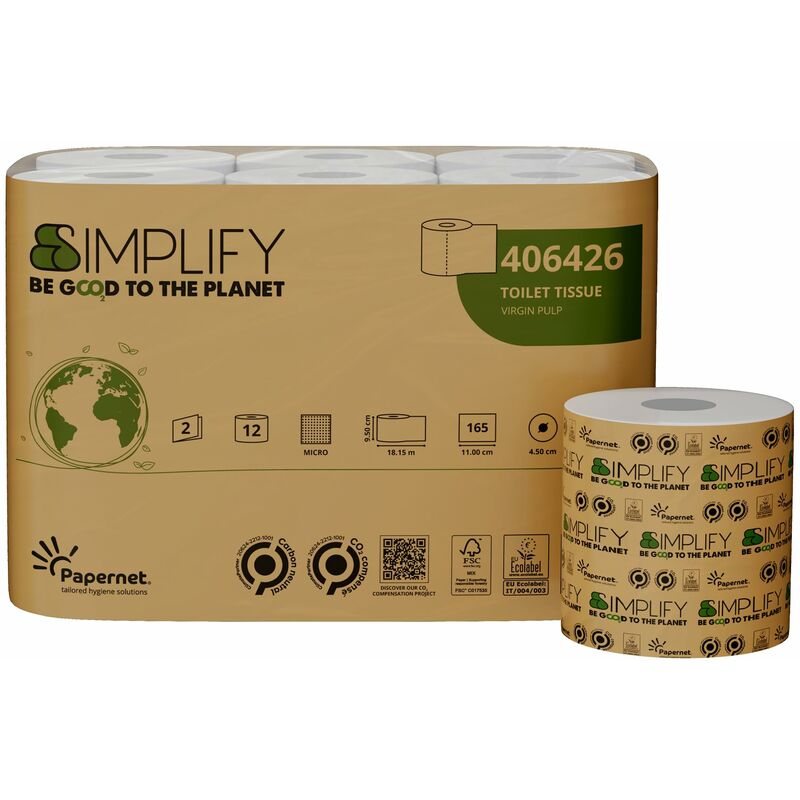 foto del prodotto simplify 406426l carta igienica carbon neutral, 12 rotoli in pura cellulosa da 18.15 m ciascuno, 2 veli, 165 strappi da 9.5x11cm papernet