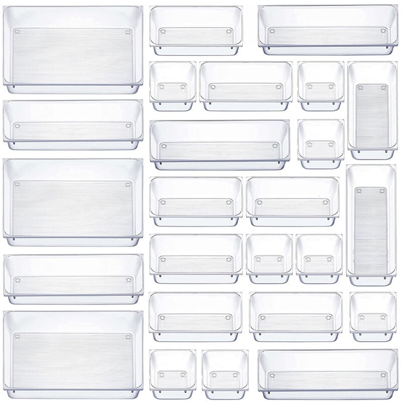 foto del prodotto sinbinta 25 organizer per cassetti trasparente con scatola portaoggetti in plastica di 4 dimensioni, organizer trasparente antiscivolo per trucchi