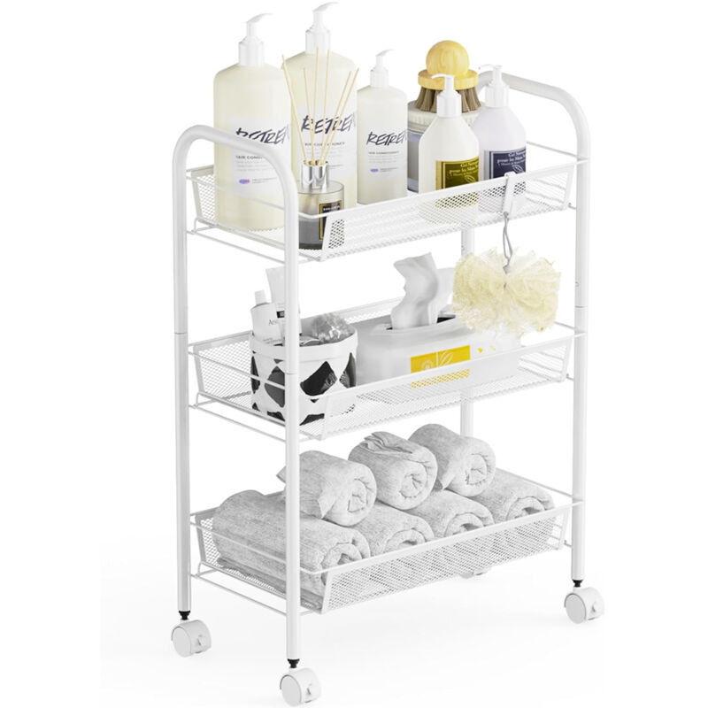 foto del prodotto sinbinta carrello da cucina portatile multifunzione a 3 ripiani, per bagno, cucina e lavanderia, in metallo antiruggine, cestino a rete traspirante