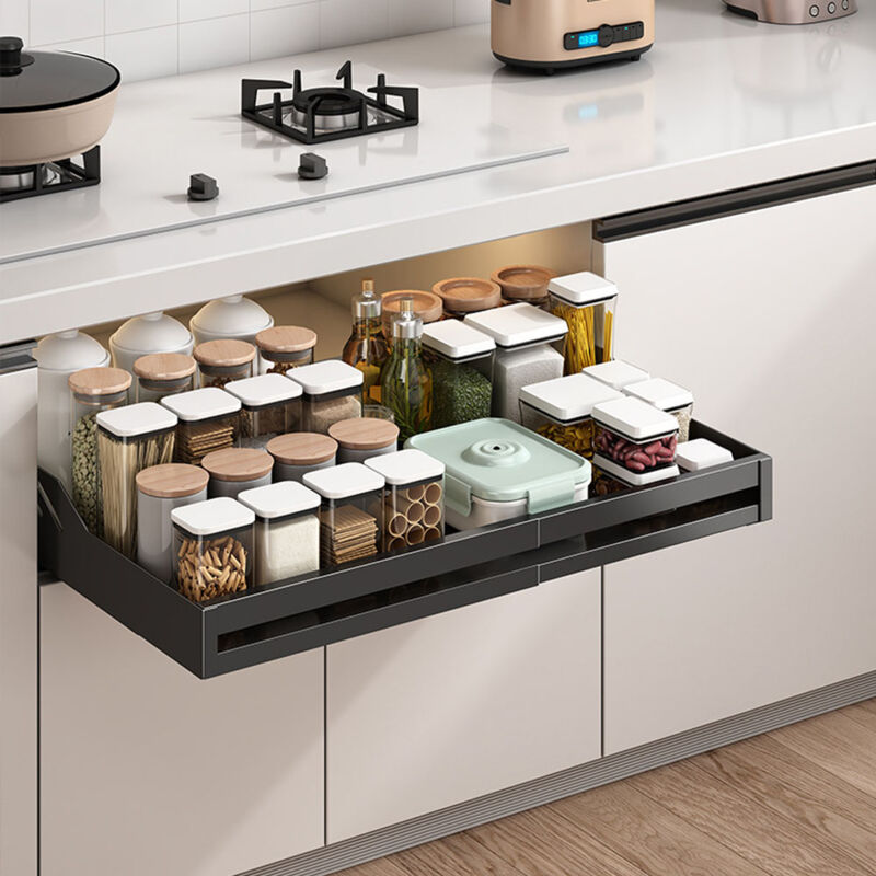 foto del prodotto sinbinta cassetto scorrevole telescopico per cucina, espandibile cassetto armadietto organizzatore, scaffale cassetto di stoccaggio armadio sotto