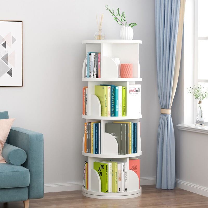 foto del prodotto sinbinta libreria girevole, libreria angolare piccola per piccoli spazi, scaffale per libreria da terra, bianca scaffale per libri stretto in legno