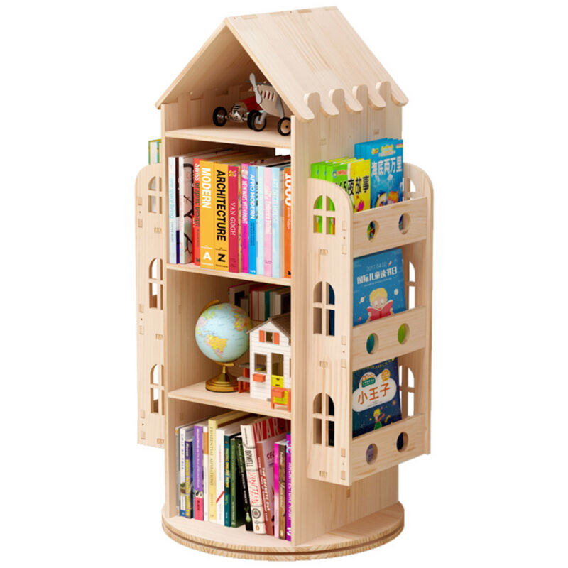 foto del prodotto sinbinta libreria rotativa a 4 ripiani, creative castle libreria rotante a 360 gradi, libreria multifunzionale per la casa, legno massiccio