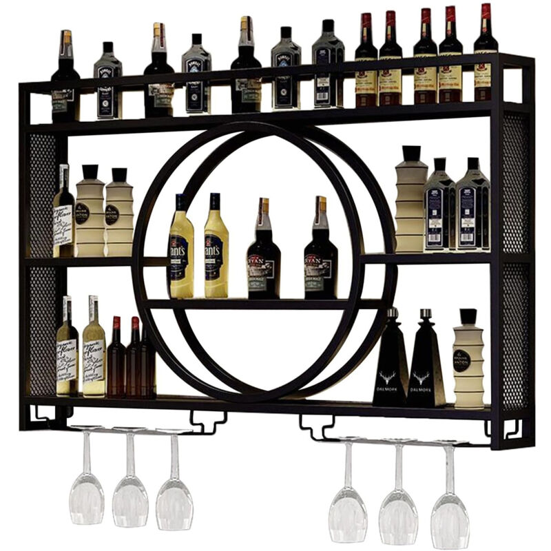 foto del prodotto sinbinta portabottiglie in metallo da parete, mensola espositiva per bottiglie di liquore, mobile bar con portabicchieri, espositore per calici