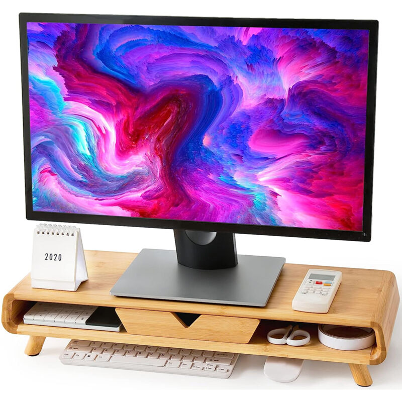 foto del prodotto sinbinta supporto per monitor in legno, nessun assemblaggio richiesto squisito supporto per monitor in bamb con cassetto, supporto ergonomico per