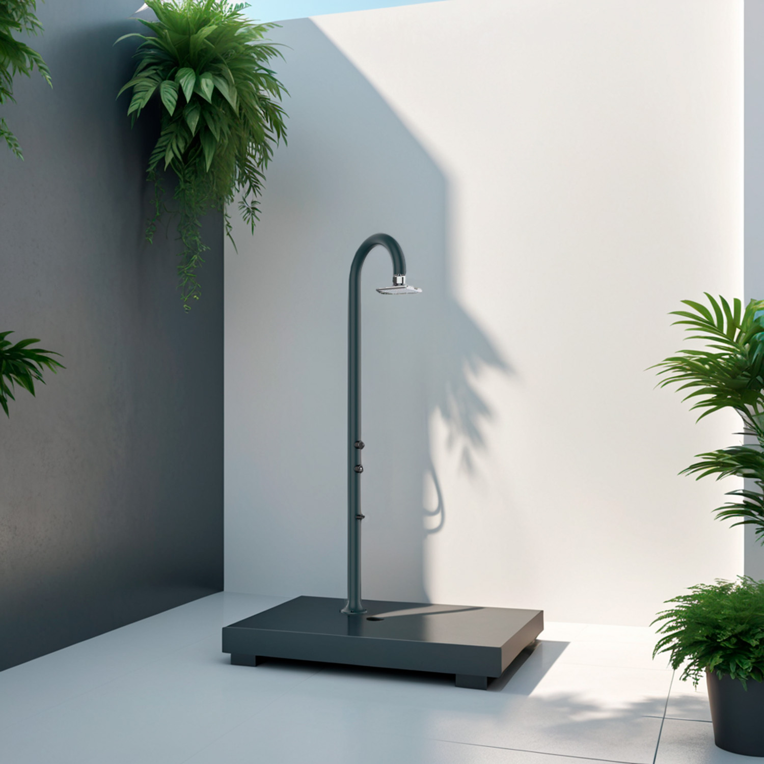 foto del prodotto sined doccia esterna in alluminio grigio con soffione led quadrato e termometro lcd doppio attacco acqua altezza 2235 cm modello luna alu grigia led