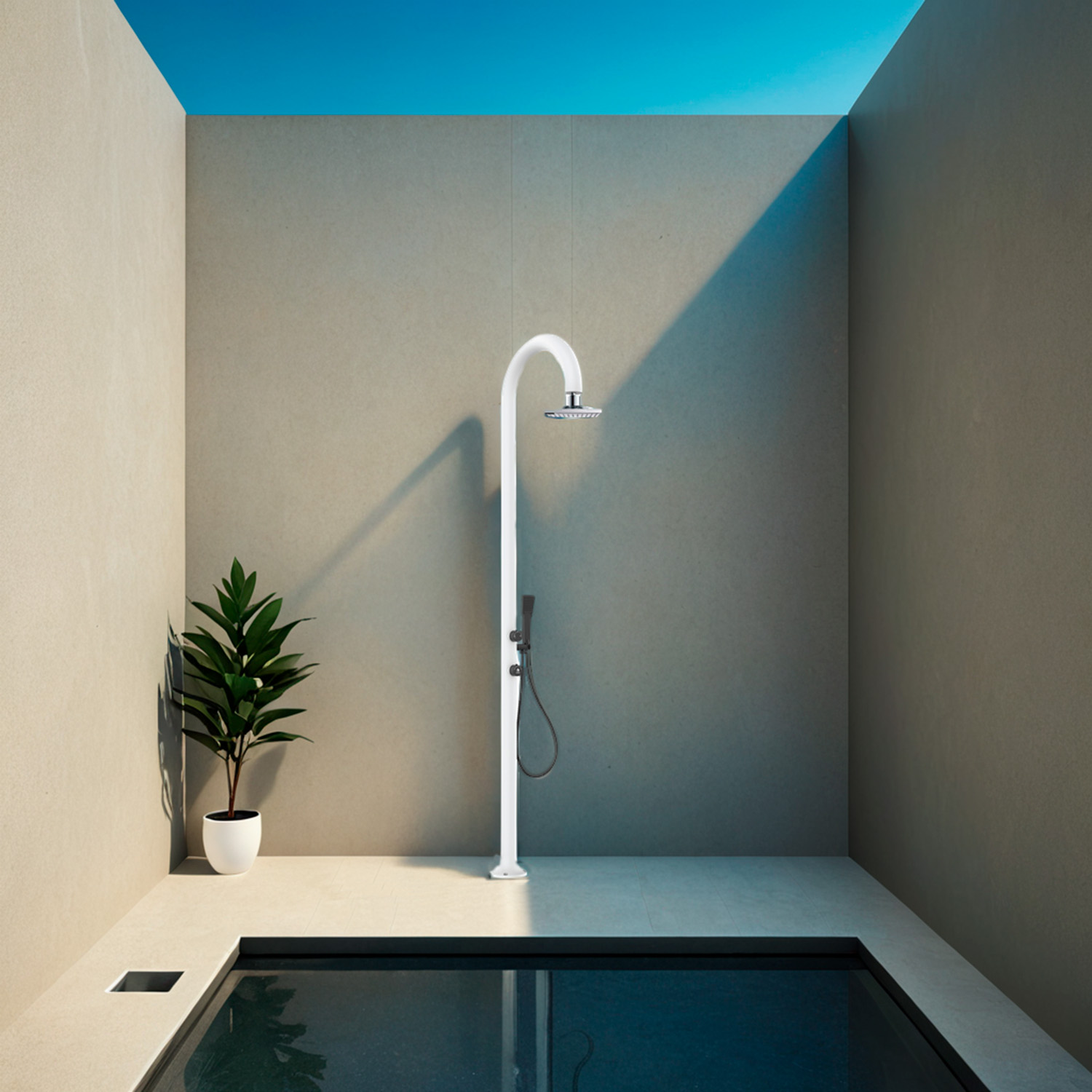 foto del prodotto sined doccia lcd bianco in alluminio con doccino soffione iswitch quadrato e termometro doppio attacco acqua posizionabile interno ed esterno modello luna alu d bianca lcd