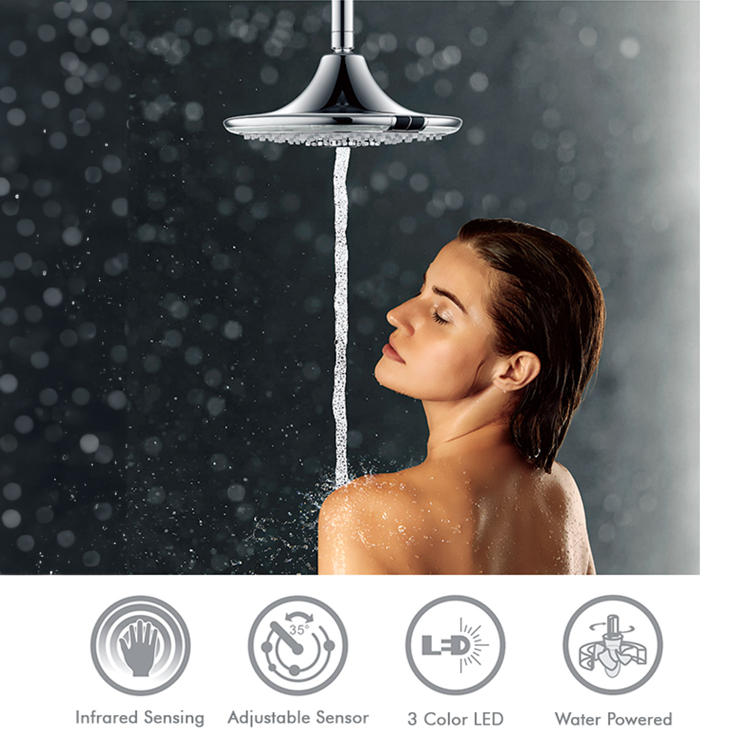 foto del prodotto sined led 3 soffione a pioggia rotondo da 24 cm con led e 3 funzioni del getto grigio