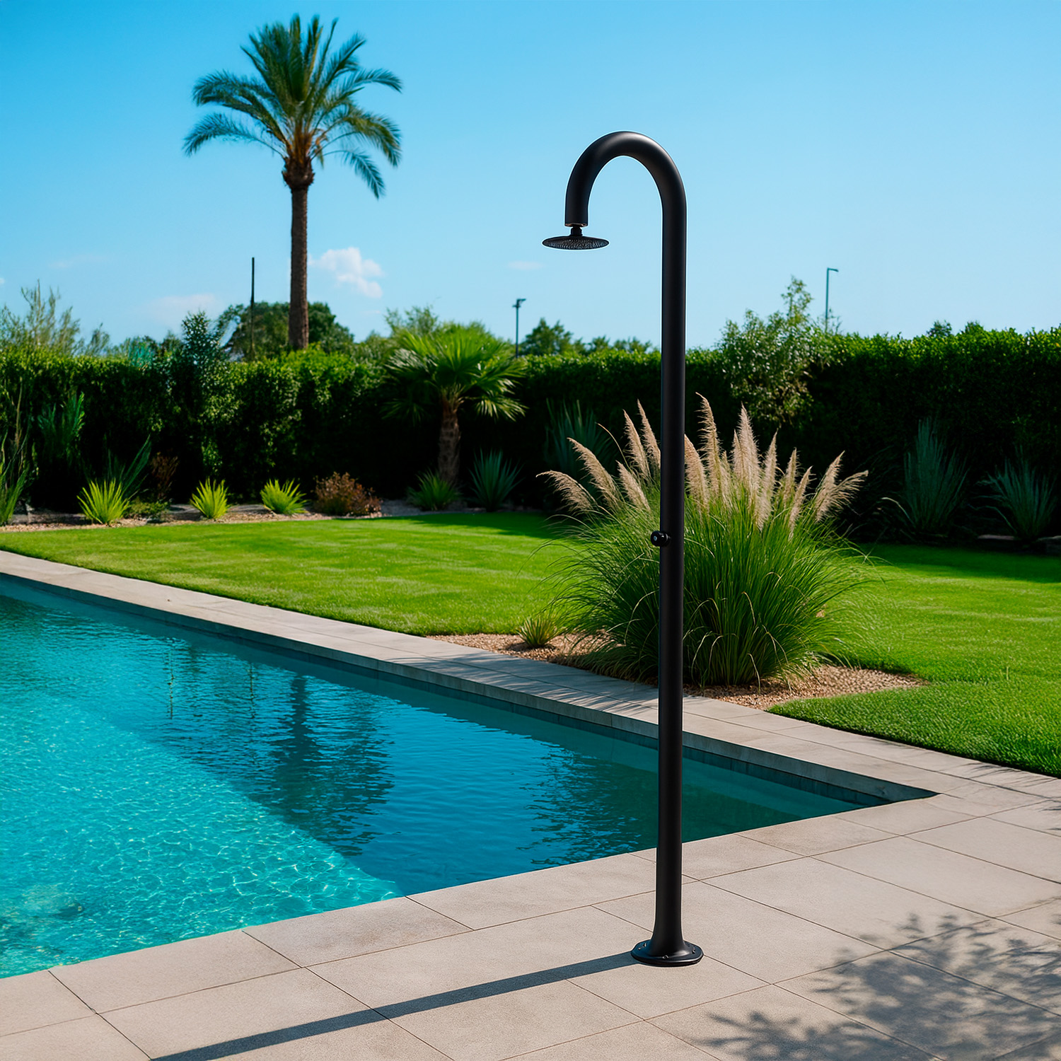 foto del prodotto sined luna timer nera doccia in alluminio doppio attacco acqua fredda laterale o inferiore doccia acqua fredda temporizzata con soffione e miscelatore tondo nero grande risparmio acqua