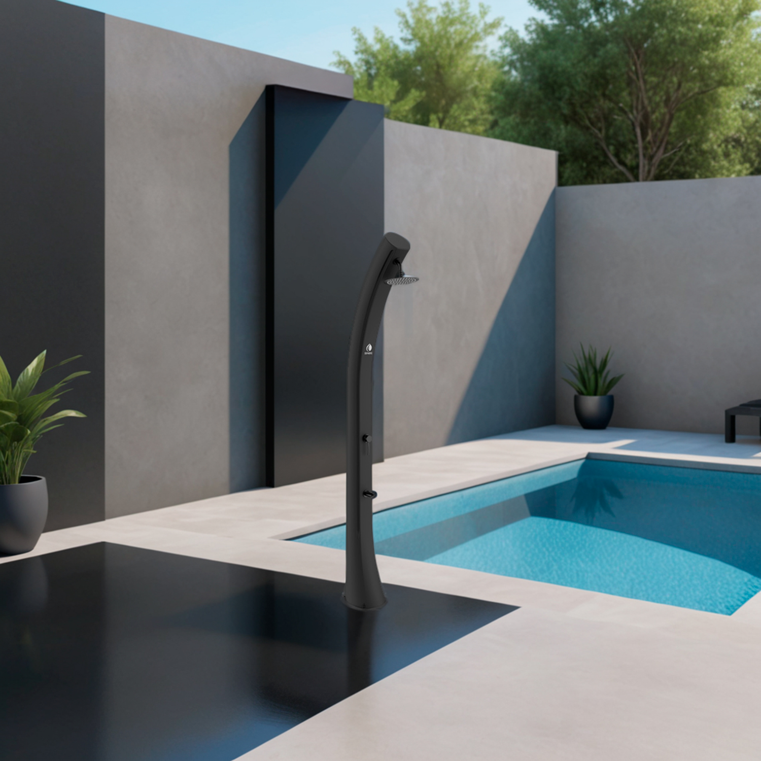 foto del prodotto sined sole xxl doccia solare curva per giardino con lavapiedi filtro anticalcare nera soffione rotondo rubinetto lavapiedi accessori in metallo colore nero