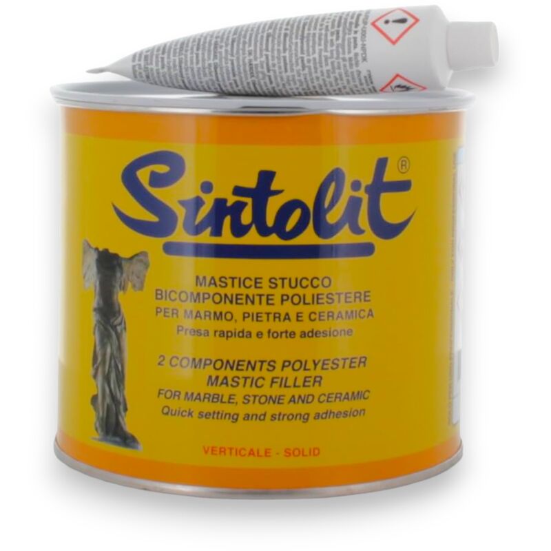 foto del prodotto sintolit stucco bianco in barattolo 750 ml con tubetto di indurente per marmo e ceramica