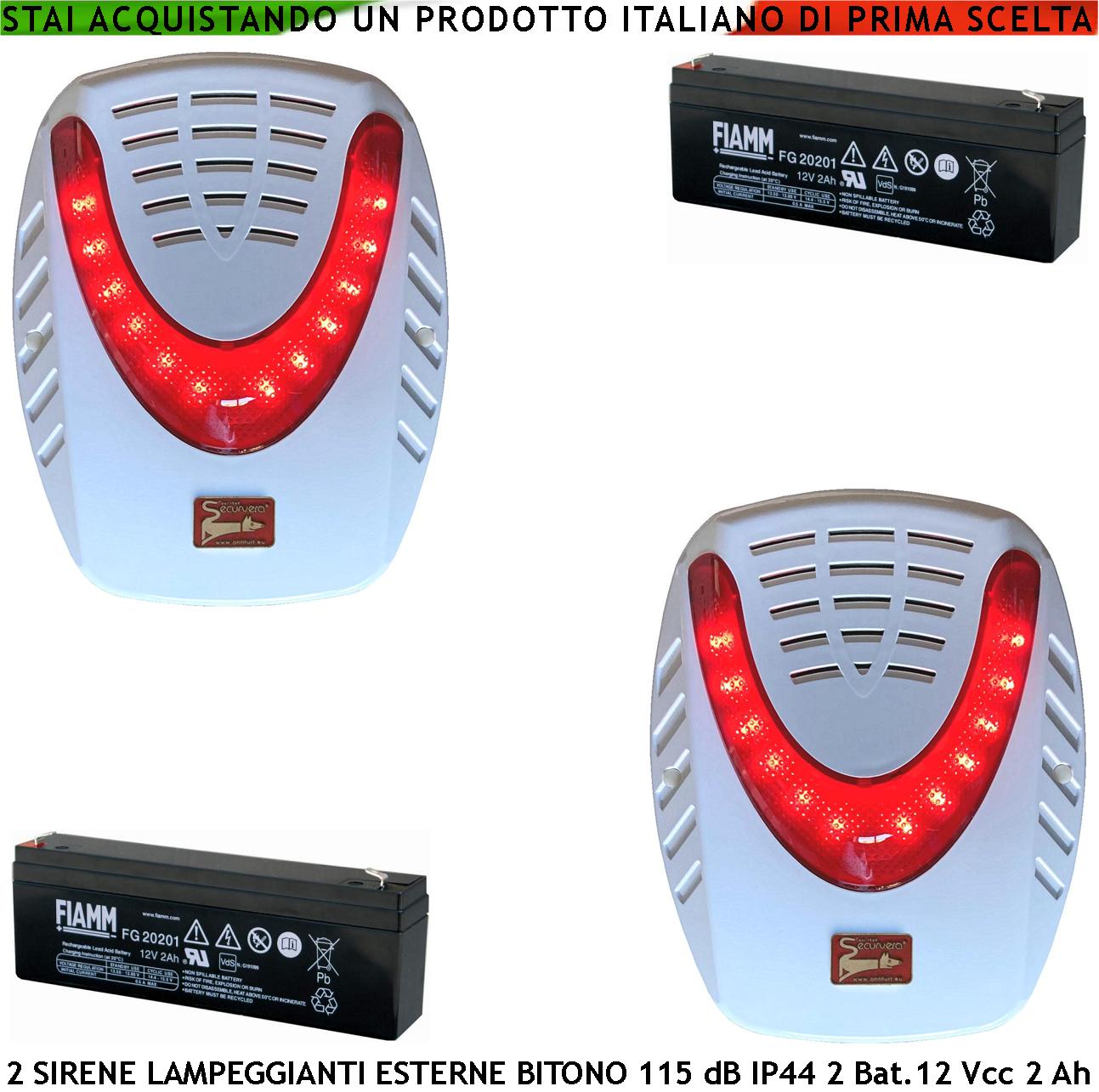 foto del prodotto sirena allarme da esterno lampeggiante a led 2 pezzi binota a b 1724 2475 hz 115 db comando caduta - 2 segnali di stato impianto antifurto 2 batterie 12 v 2 ah alimentazione 12 v batterie 12 v 2 ah