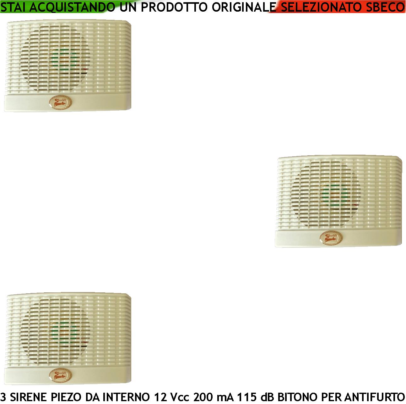 foto del prodotto sirena allarme interna da parete 3 pezzi diffusore piezoelettrico acustica 115 db morsetti polarizzati alimentazione 12 vcc assorbimento 200 ma melodia bitono a b 1500 - 4000 hz contenitore abs ip32