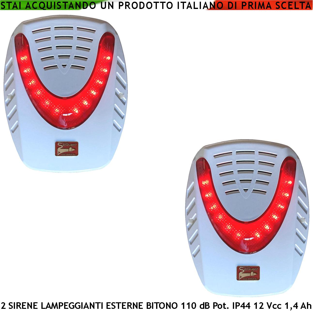 foto del prodotto sirena allarme lampeggiante a led da esterno 2 pezzi frequenza melodia a b 1724 2475 hz binota 115 db comando di allarme caduta polarità alimentazione 12 v 2 segnali stato antifurto escluso batteria