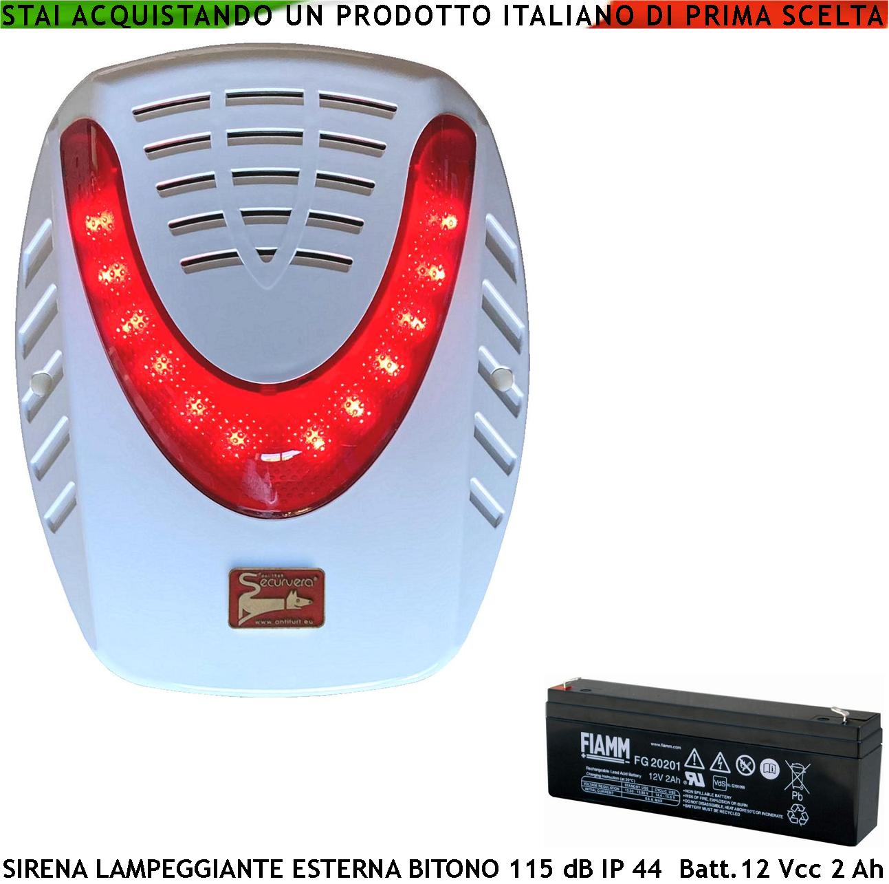 foto del prodotto sirena allarme lampeggiante a led da esterno frequenza nota a b 1724 2475 hz 115 db comando caduta - 2 segnali stato impianto antifurto con batteria 12 v 2 ah alimentazione 12 vcc assorbimento 1,4 a