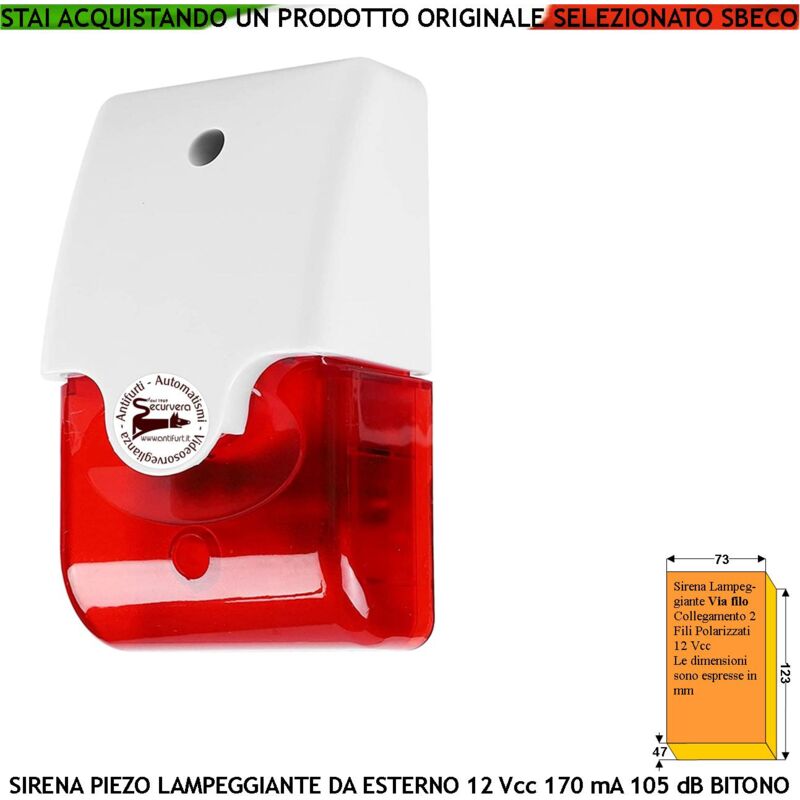 foto del prodotto sirena allarme lampeggiante con diffusore piezoelettrico da parete melodia bitono a b da 1500 a 4000 hz 105 db alimentazione 12 vcc assorbimento 170