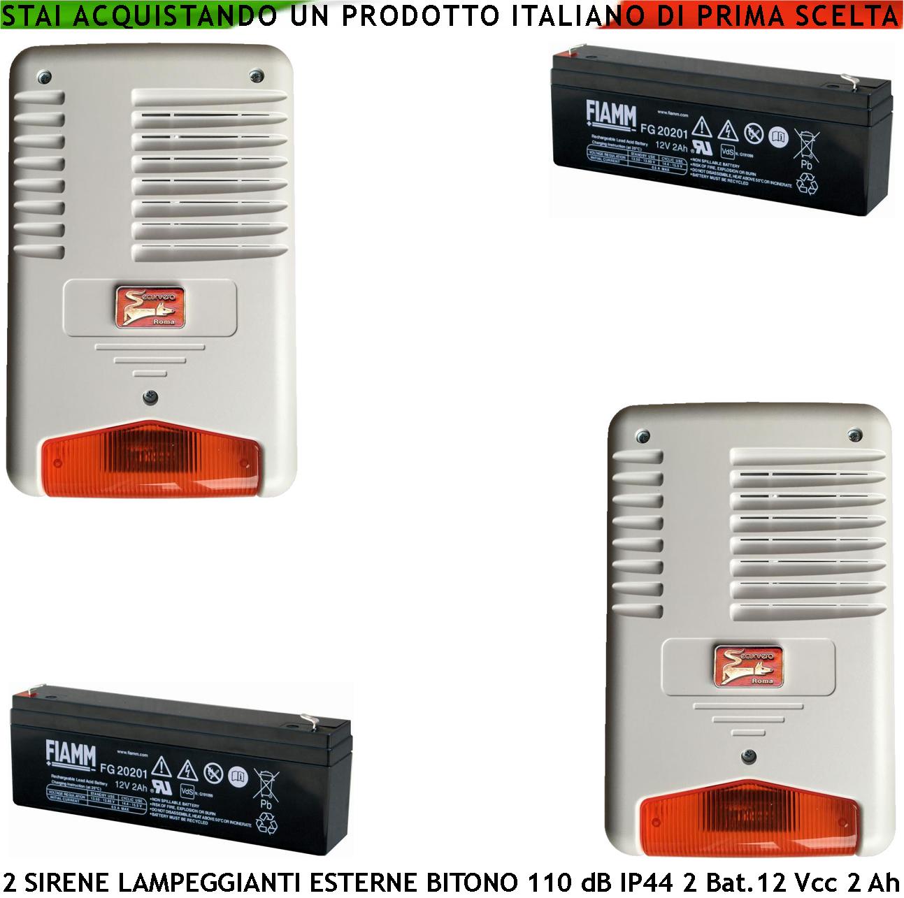 foto del prodotto sirena antifurto con lampeggiatore a led da esterno 12 vcc 2 pezzi suono bitonale frequenza a b 1724 2475 hz 110 db ah 2 batteria 12v 2 ah comando di allarme caduta - led stato impianto tamper