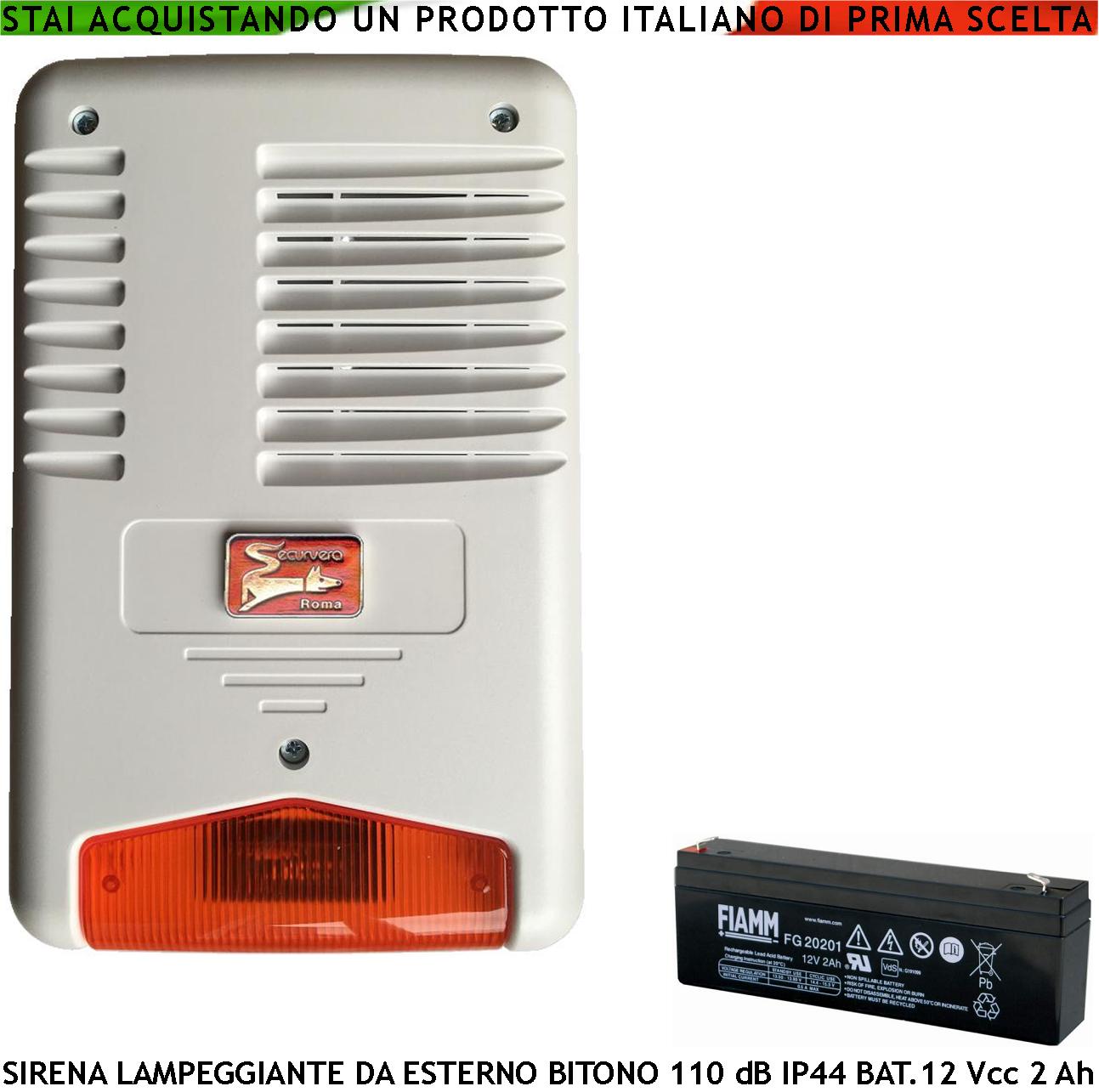 foto del prodotto sirena antifurto con lampeggiatore a led da esterno suono bitonale frequenza a b 1724 2475 hz 110 db assorbimento 1,5 ah batteria selezionata 12 v 2 ah comando allarme caduta - led stato impianto