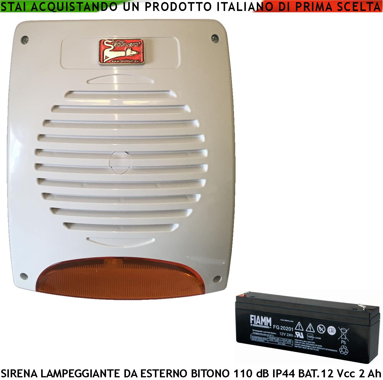 foto del prodotto sirena antifurto lampeggiante a led per esterno frequenza a b 1724 2475 hz melodia bitono 110 db comando allarme caduta polarità alimentazione 12 v segnale stato impianto antifurto batteria 12 v 2 ah