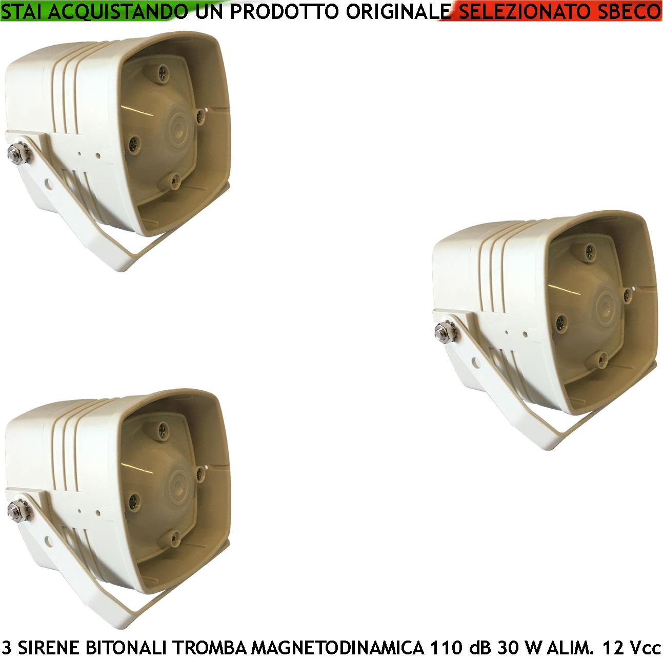 foto del prodotto sirena bitonale diffusore magnetodinamico 3 pezzi acustica 110 db potenza 30 w bitono 1500 -4000 hz alimentazione 12 vcc assorbimento 1 a 2 fili polarizzati staffa fissaggio contenitore abs ip65